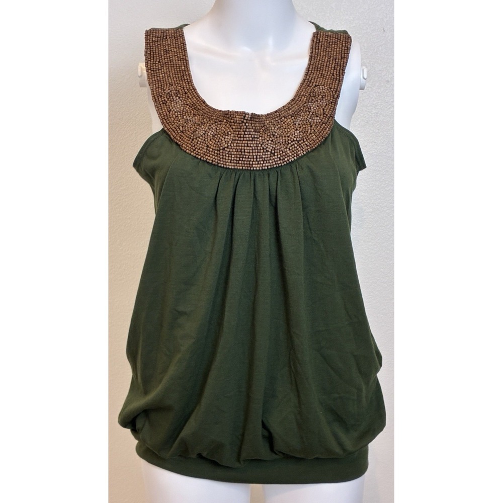 Vintage Sleeveless Boho Chic Top Size M Green Beaded Neckline Festival USA Made